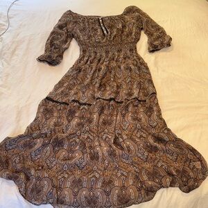 Boho Paisley Off-Shoulder Maxi Dress in Brown